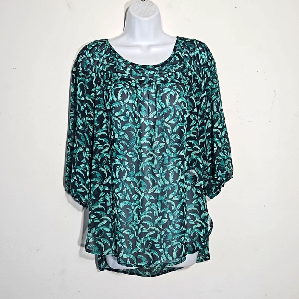 LC lauren conrad green leaf on black design 3/4 sleeve sheer pullover bl…